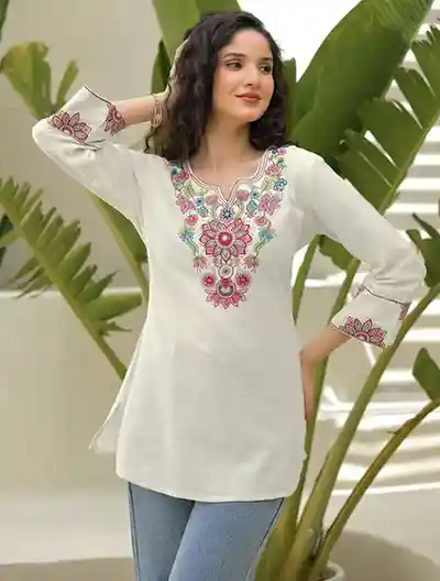 Uparna Embroidered Thread Work Short KurtiUparna Embroidered Thread Work Short Kurti